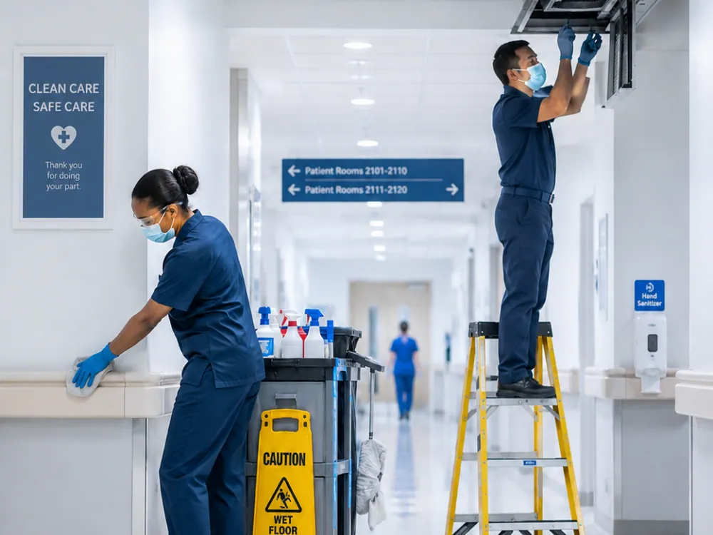 Personal de Grupo CCN desinfectando un barandal mientras un técnico revisa una rejilla de ventilación en un pasillo de hospital